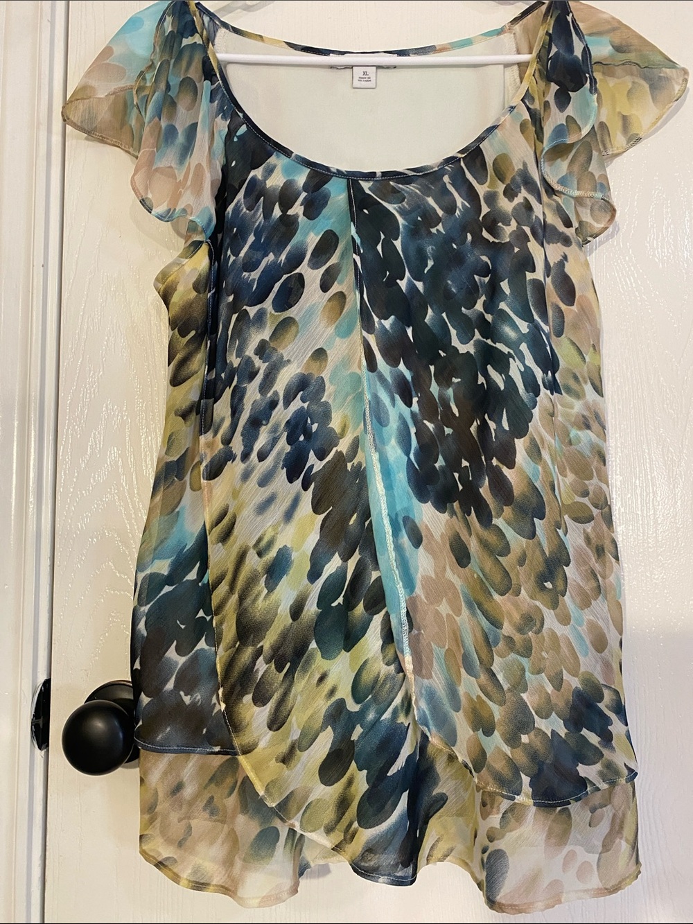 dressbarn Multicolor Sheer Scoop Neck Flutter Sleeve Blouse